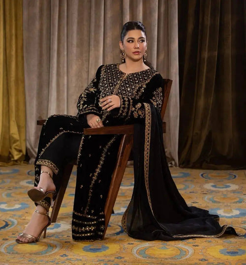 Sequence Embroidery work Pakistani Velvet Kurti Pant Dupatta Set (Stitched)