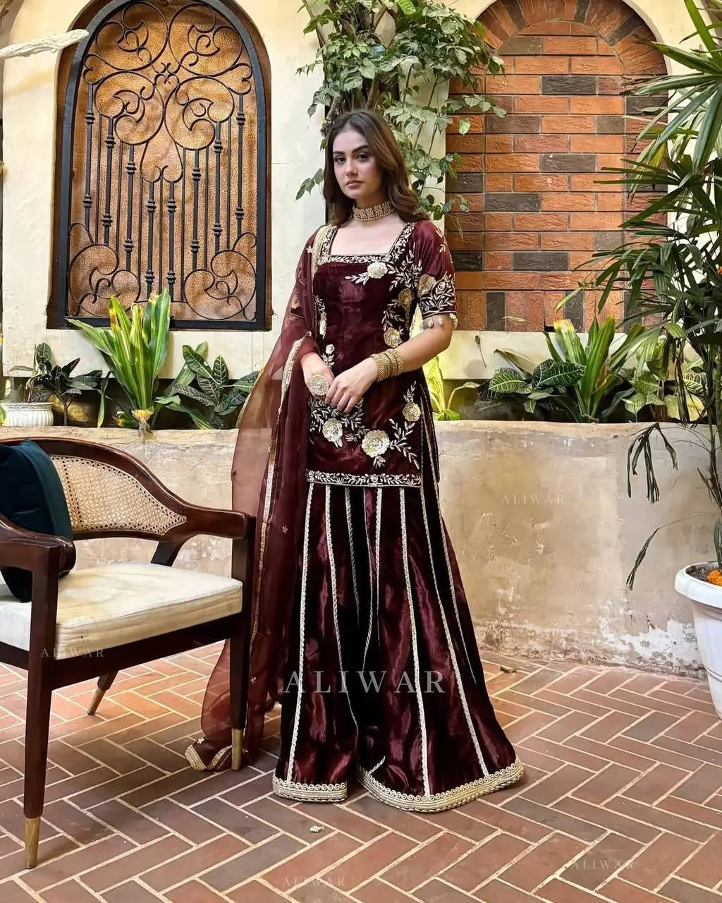 Pure Viscos Heavy Velvet Embroidery Work Velvet Kurti Sharara Set