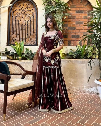 Pure Viscos Heavy Velvet Embroidery Work Velvet Kurti Sharara Set