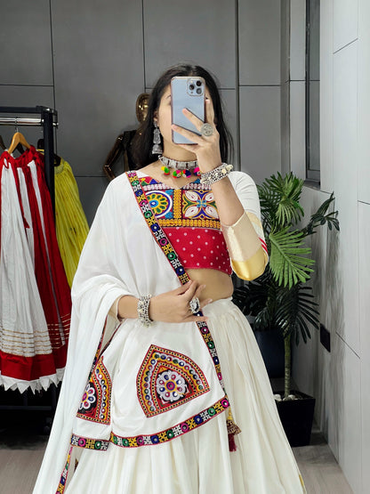 Pure Rayon Cotton Multi Kutchi Design White Concept 6M Flair Navratri Garba Chaniya Choli (Ready to Wear)