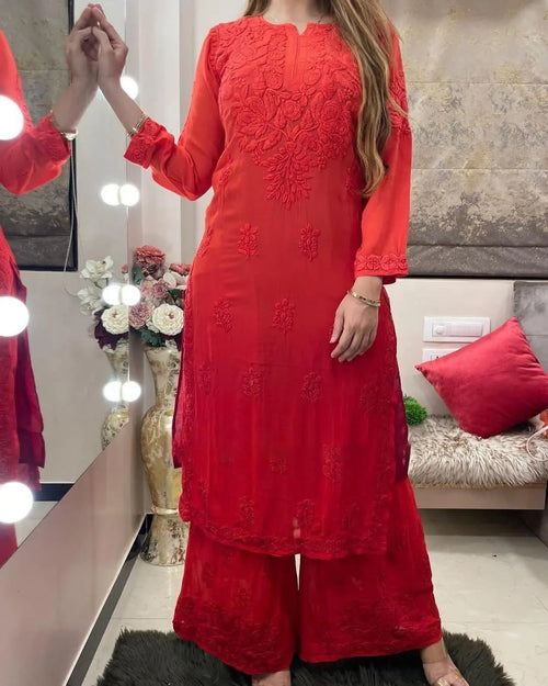 Rayon Chain Stitch Thread work Kurti Palazzo