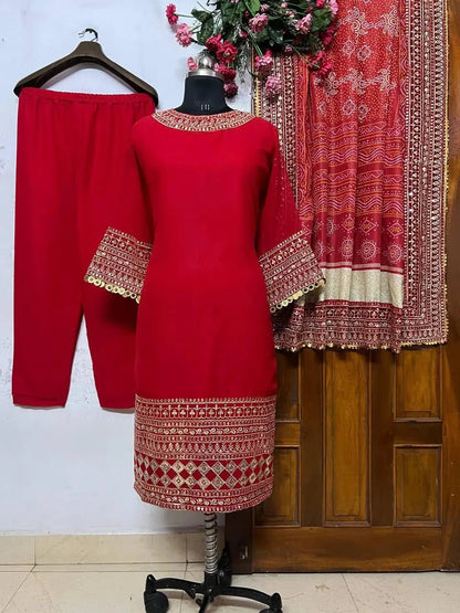 Georgette Heavy Designer Party Wear Kurti Pant Dupatta Set