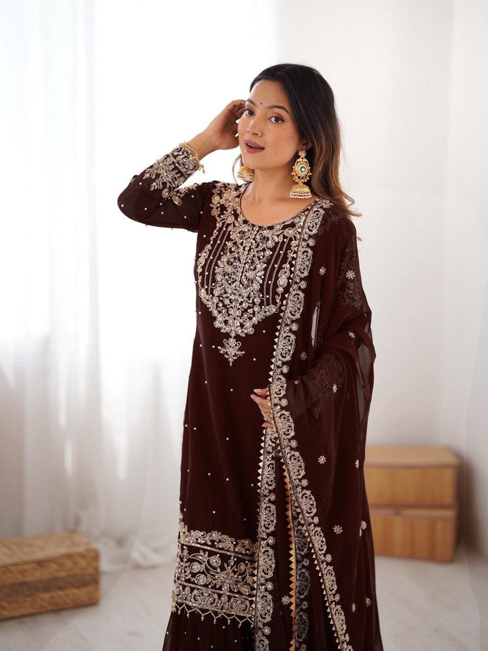 Premium Faux Georgette Embroidery with Moti Work Designer Kurti Sharara Dupatta Set (Ready to Wear)