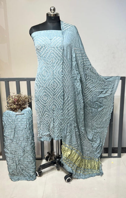 Modal Silk Original Kutch Hand Crafted Barik Bandhej Work Silk Bandhani Dress Material (Unstitched)