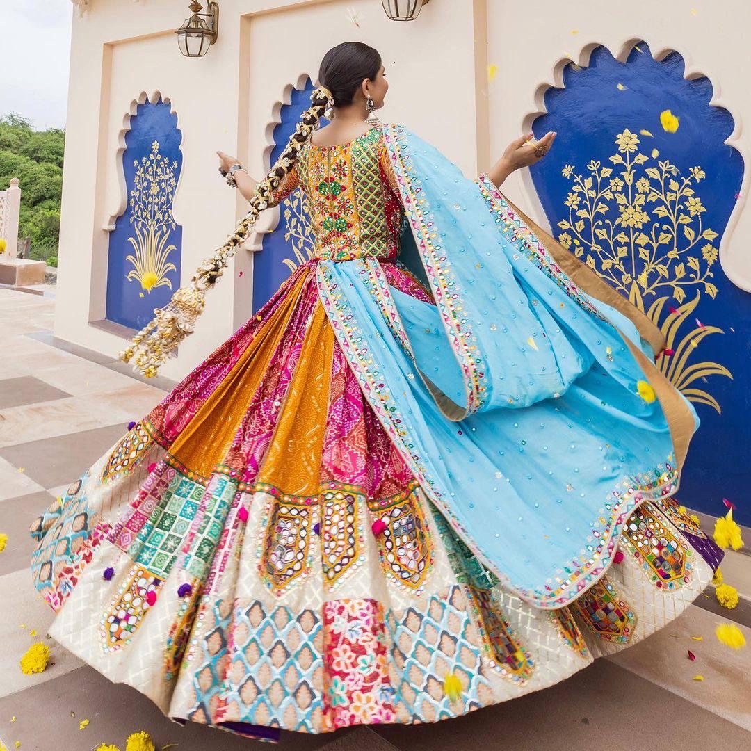 Muslin Digital Print with Mirror Work Designer Chaniya Choli for Navratri Dandiya