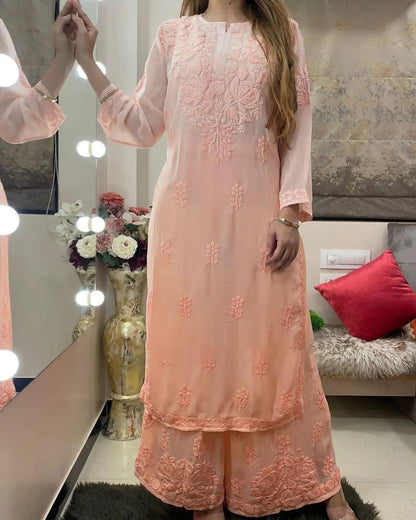 Rayon Chain Stitch Thread work Kurti Palazzo