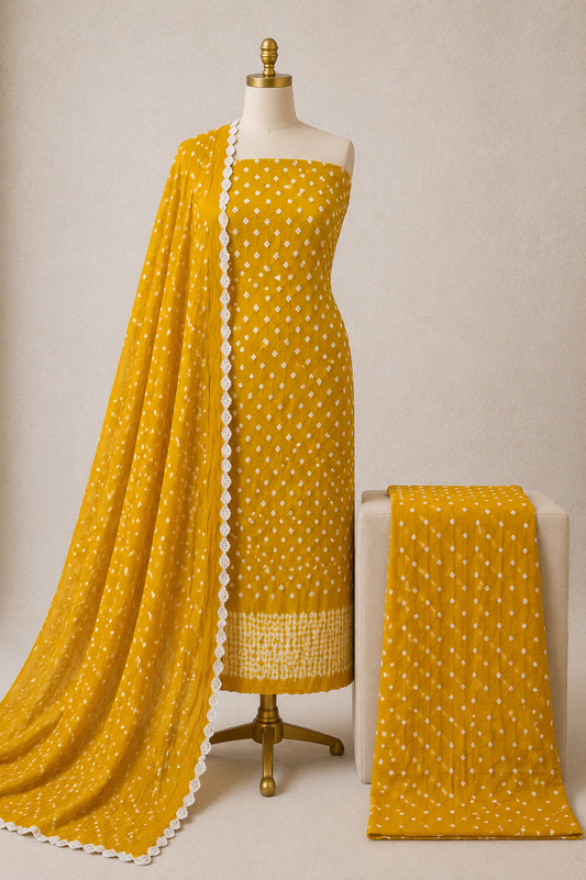Soft Cotton Self Color 3Pc Unstitched Bandhani Dress Material