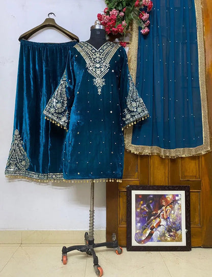 Winter Velvet Embroided Kurti Pant Dupatta Set