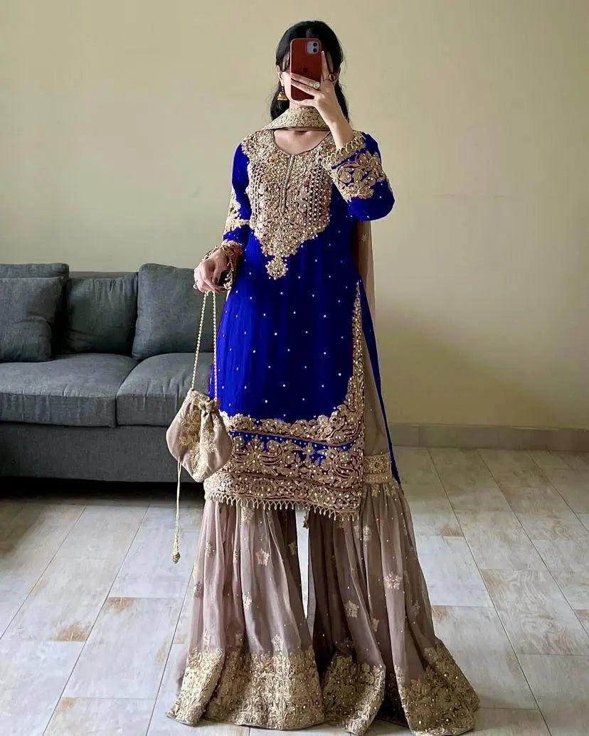 Real mirror Embroidery work Kurti Sharara Dupatta set