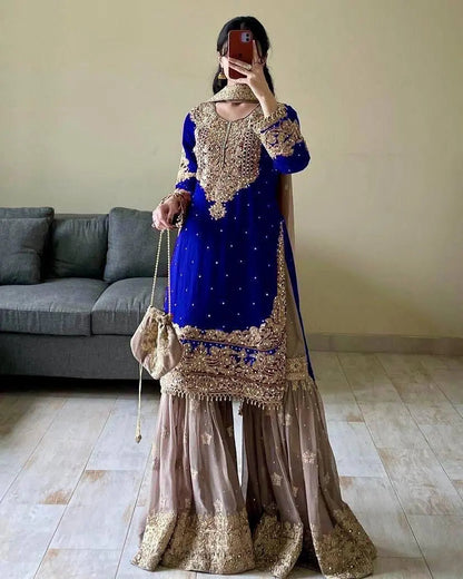 Real mirror Embroidery work Kurti Sharara Dupatta set