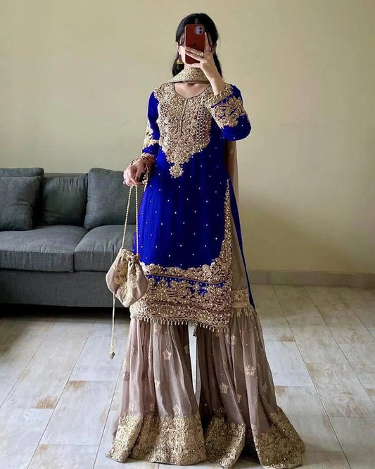 Real mirror Embroidery work Kurti Sharara Dupatta set
