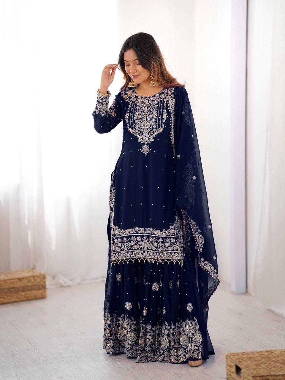 Premium Faux Georgette Embroidery with Moti Work Designer Kurti Sharara Dupatta Set (Ready to Wear)