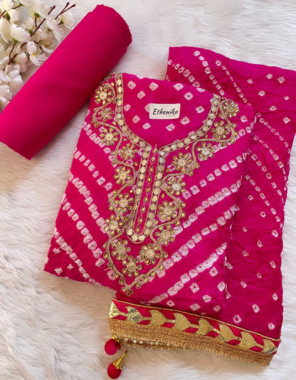Silk Fabric Neck work with Fumka Work Dupatta Bandhani Dress Material ( Unstitched)