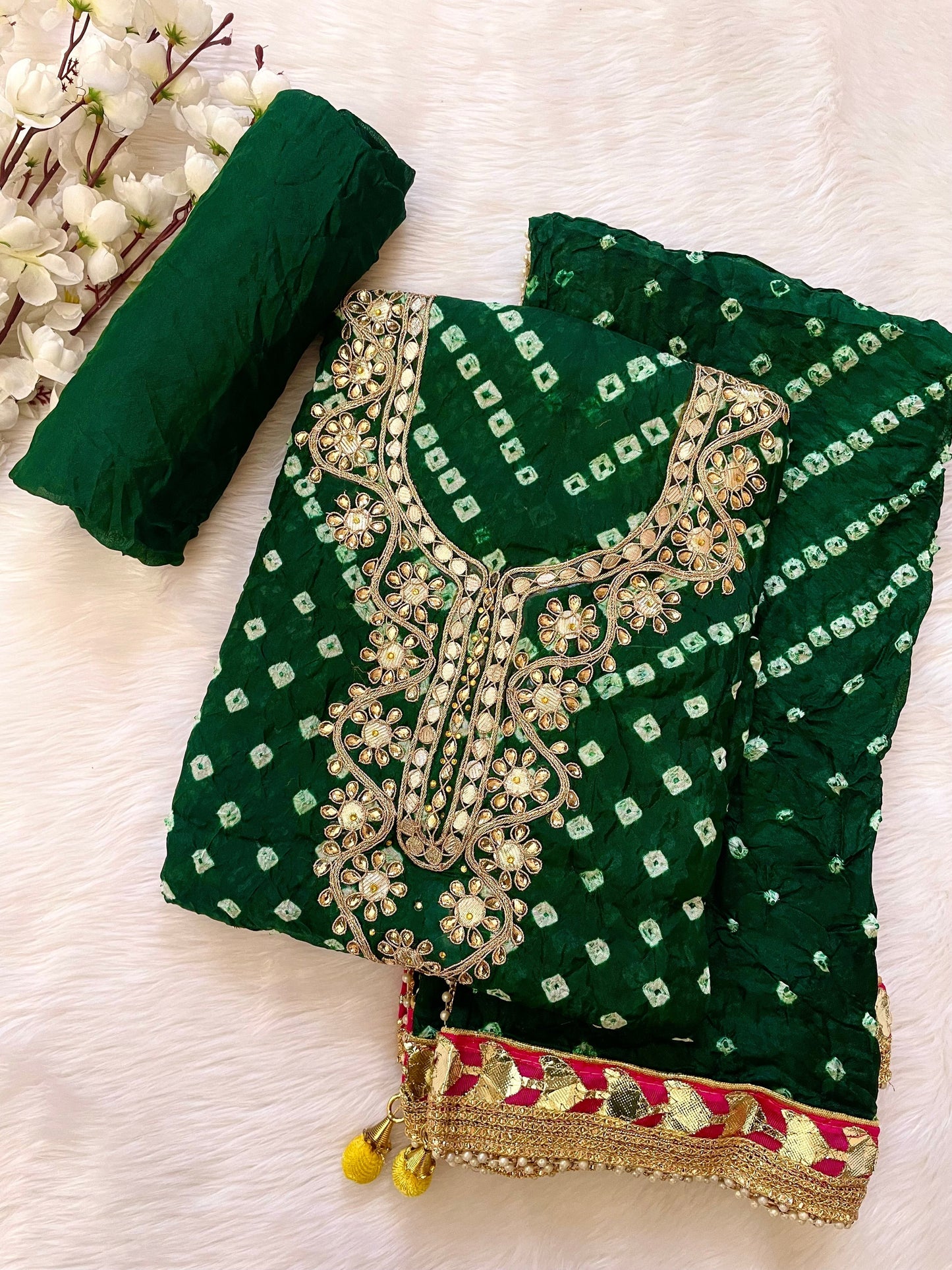 Silk Fabric Neck work with Fumka Work Dupatta Bandhani Dress Material ( Unstitched)