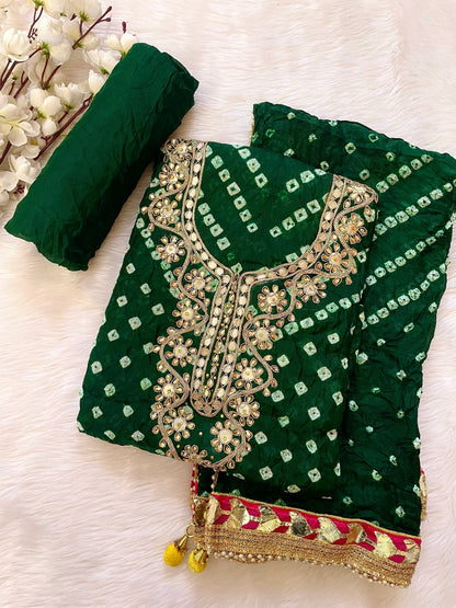 Silk Fabric Neck work with Fumka Work Dupatta Bandhani Dress Material ( Unstitched)