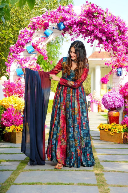 Muslin Digital Print Flair work Kurti Dupatta Set