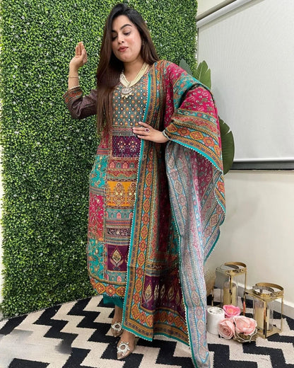 Muslin Real Mirror work Digital Print  Party wear Kurti Pant Dupatta set