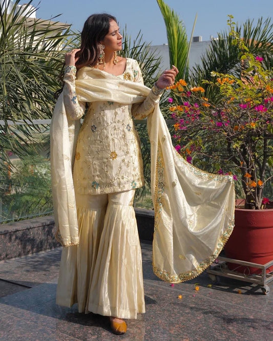 Sequence Embroidery Work Trending Kurti Sharara Dupatta Set