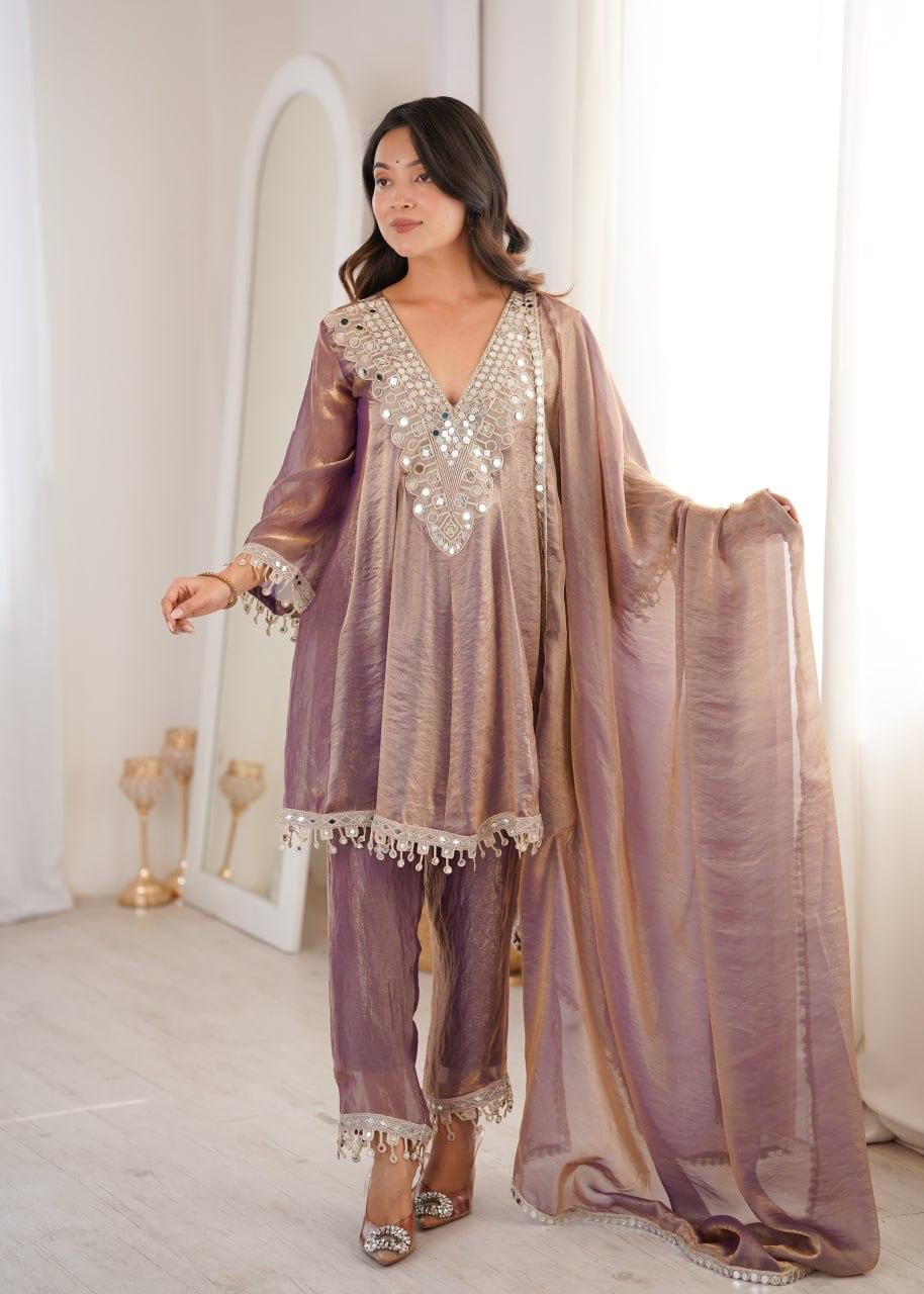 Fendi Silk Mirror Work Designer Kurti Pant Dupatta Set For Eid