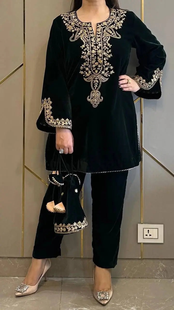 Neck Embroidery work Velvet Kurti Pant Set (Stitched)