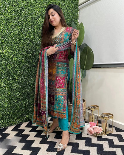 Muslin Real Mirror work Digital Print  Party wear Kurti Pant Dupatta set