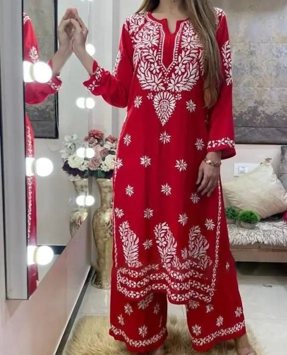 Rayon Chain Stitch work Chikankari Kurti