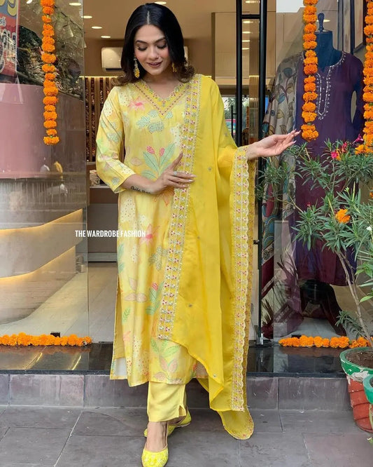 Muslin Silk digital Print with Embroidery work Kurti Pant Dupatta Set