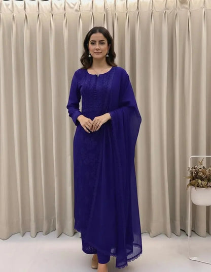 Georgette Chikankari Kurti Palazzo Dupatta Set