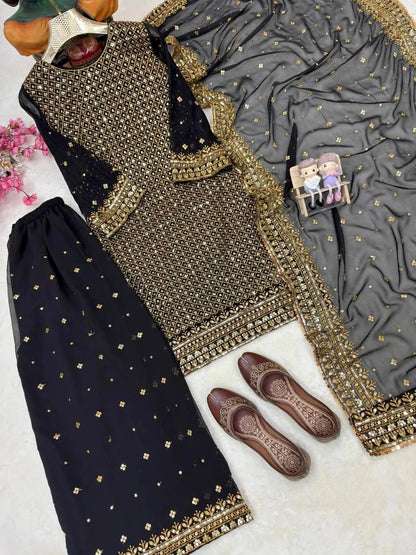 Georgette Zari Embroidery Work Kurti Palazzo Dupatta Set
