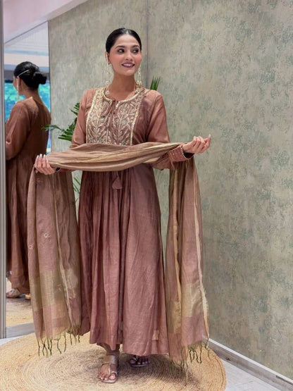 Mal Chanderi Flair Work Kurti Pant Dupatta Set (Ready to Wear)