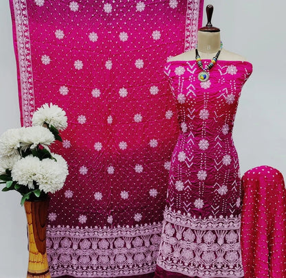 Modal Silk Lakhnavi Thread Work Bandhani Dress Material