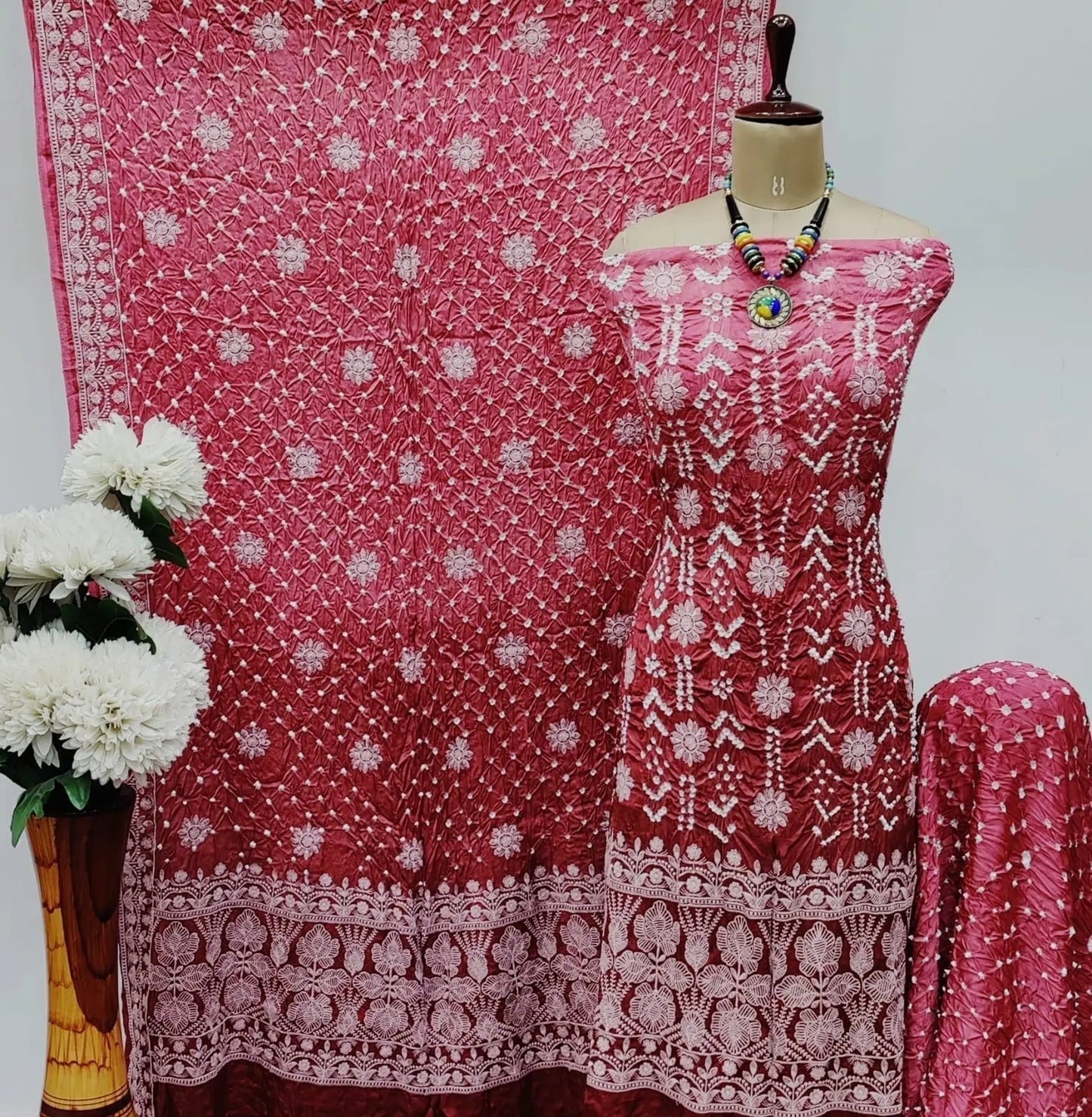Modal Silk Lakhnavi Thread Work Bandhani Dress Material