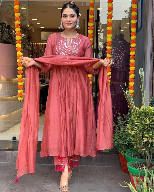 Muslin Summer Special Mirror work Kurti Pant Dupatta Set (Stitched)