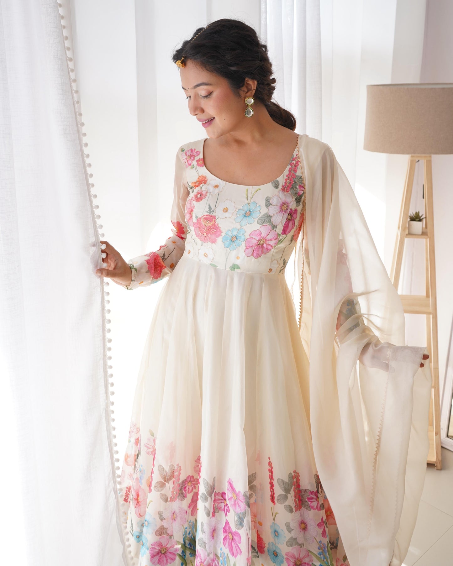 Organza Silk Hand Work Anarkali Kurti Dupatta Pant Set ( Ready to Wear)