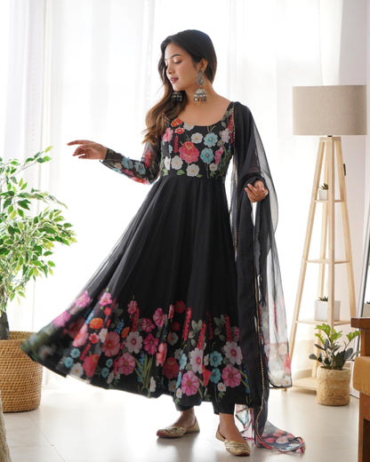 Organza Silk Hand Work Anarkali Kurti Dupatta Pant Set ( Ready to Wear)