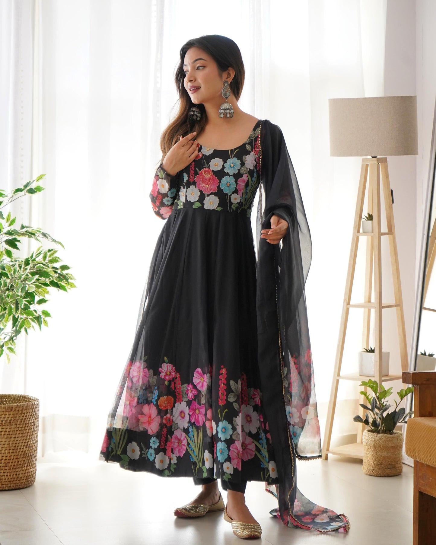 Organza Silk Hand Work Anarkali Kurti Dupatta Pant Set ( Ready to Wear)