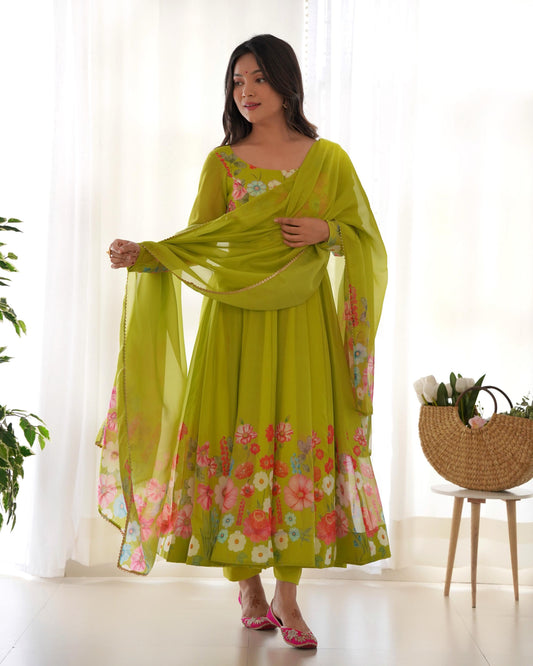 Organza Silk Hand Work Anarkali Kurti Dupatta Pant Set ( Ready to Wear)