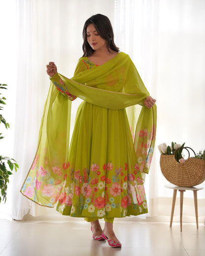 Organza Silk Hand Work Anarkali Kurti Dupatta Pant Set ( Ready to Wear)
