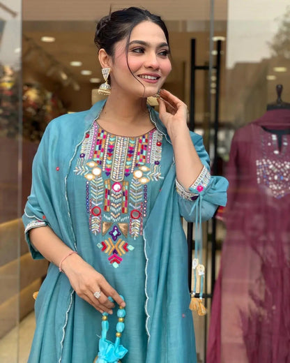 Premium Chanderi Neck Work Summer Special Kurti Pant Dupatta Set (Stitched)