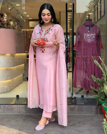 Premium Chanderi Neck Work Summer Special Kurti Pant Dupatta Set (Stitched)