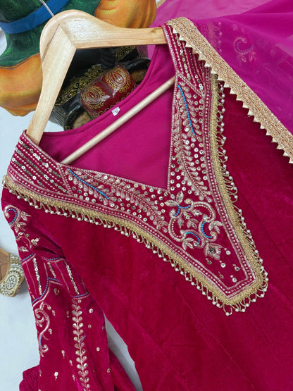 Premium Multi Color Embroidery Work Designer Velvet Kurti Pant Dupatta Set (Ready to Wear)