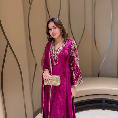 Premium Multi Color Embroidery Work Designer Velvet Kurti Pant Dupatta Set (Ready to Wear)