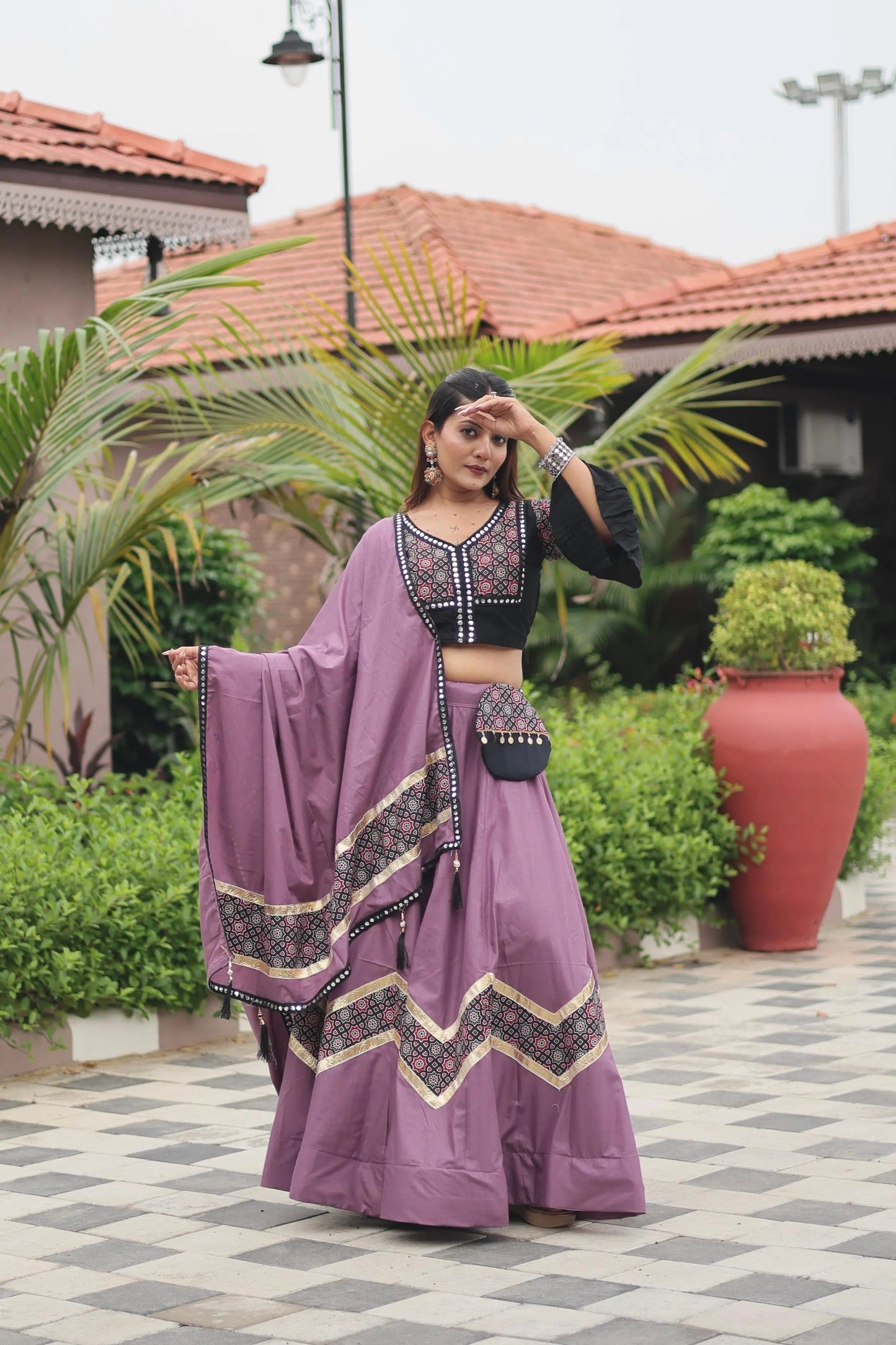 Pure Cotton Ajrakh Print with Mirror work Navratri Special Chaniya Choli (Ready to Wear)