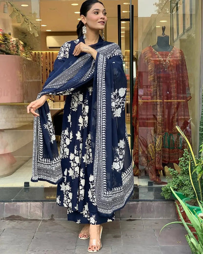 Pure Cotton Sanganeri Print Work Summer Wear Anarkali Flair Kurti Pant Dupatta Set ( Ready to Wear)