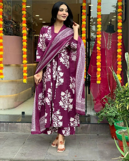 Pure Cotton Sanganeri Print Work Summer Wear Anarkali Flair Kurti Pant Dupatta Set ( Ready to Wear)