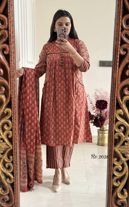 Pure Soft Cotton Summer Special Block Print work Kurti Pant Dupatta Set (Ready to Wear)