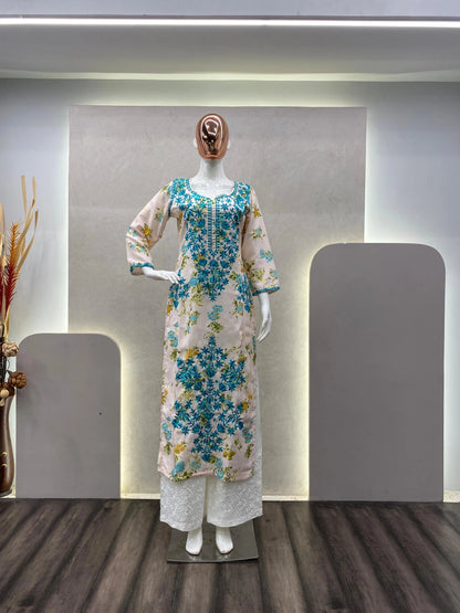 Rayon Chikankari Kurti Palazzo Set (Stitched)