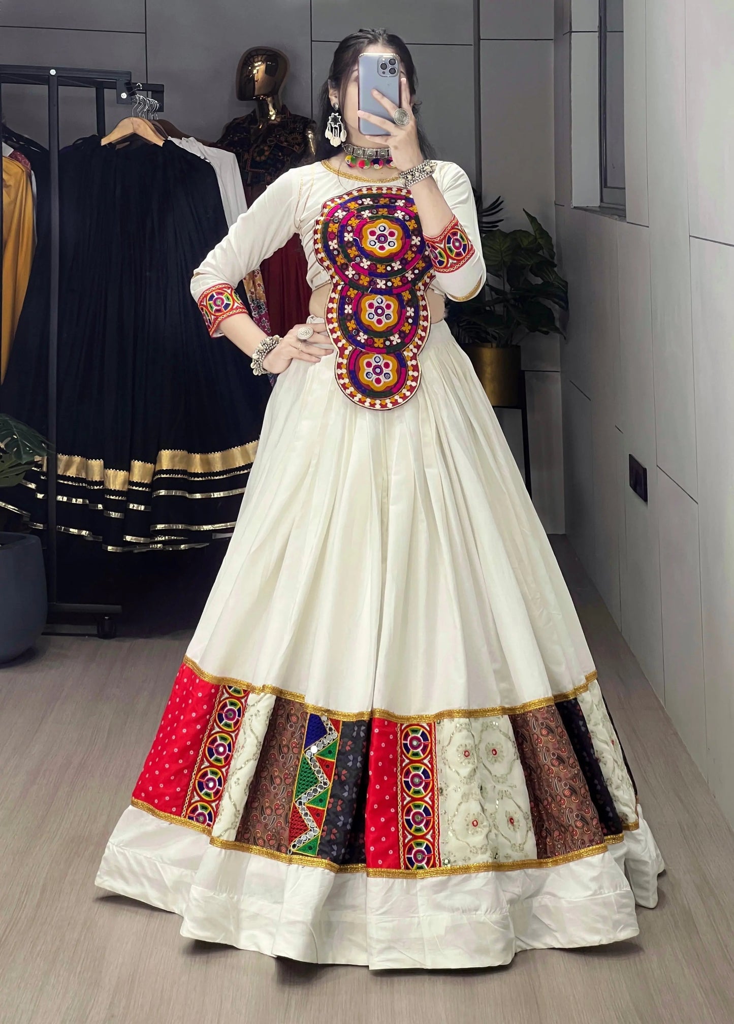 Rayon Kutchi Fancy Embroidery Mirror work White Concept Designer Chaniya Choli (Ready to Wear)