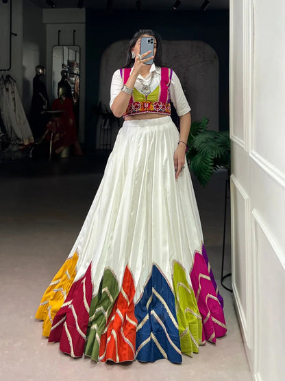 Rayon Multi Color Patch Lace Gamthi Kodi Work White Concept Navratri Special Lehenga Choli (Ready to Wear)