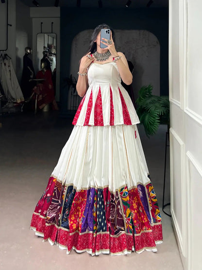 Rayon Patch Lace Work with Bandhani Print White Concept Navratri Garba Special Lehenga Choli (Ready to Wear)